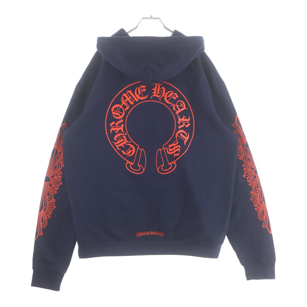 CHROME HEARTS(クロムハーツ) SWTSHRT HD PLVR バックホースシュー袖フローラルプリント プルオーバーパーカー フーディ ネイビー/レッド