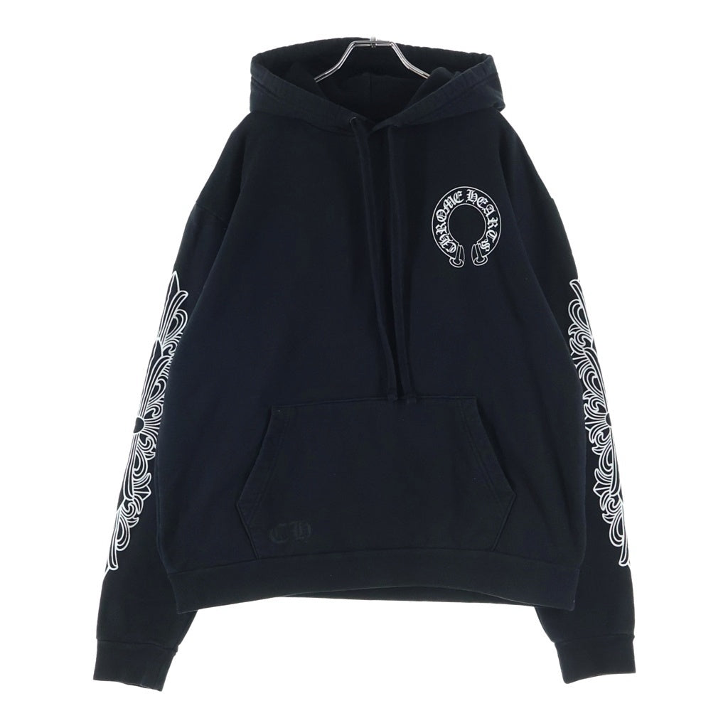 CHROME HEARTS(クロムハーツ) SWTSHRT PLVR 袖フローラルバックホースシュープリント プルオーバースウェットパーカー フーディ ブラック