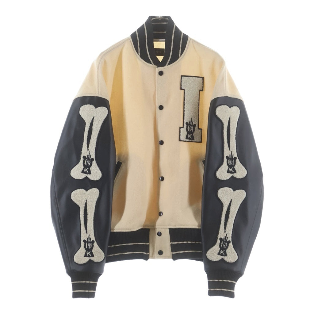 KAPITAL(キャピタル) I-Five Varsity wool bomber jacket with leather sleeves 袖レザー切替 ヴァーシティ ウール ボンバージャケット スタジャン アイボリー/ブラック