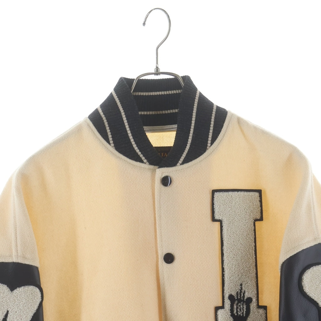 KAPITAL(キャピタル) I-Five Varsity wool bomber jacket with leather sleeves 袖レザー切替 ヴァーシティ ウール ボンバージャケット スタジャン アイボリー/ブラック