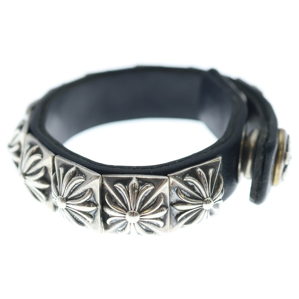 CHROME HEARTS(クロムハーツ) ZERO STUD SNGL ROW ゼロ ピラミッド スタッズ シングル レザー ブレスレット シルバー/ブラック