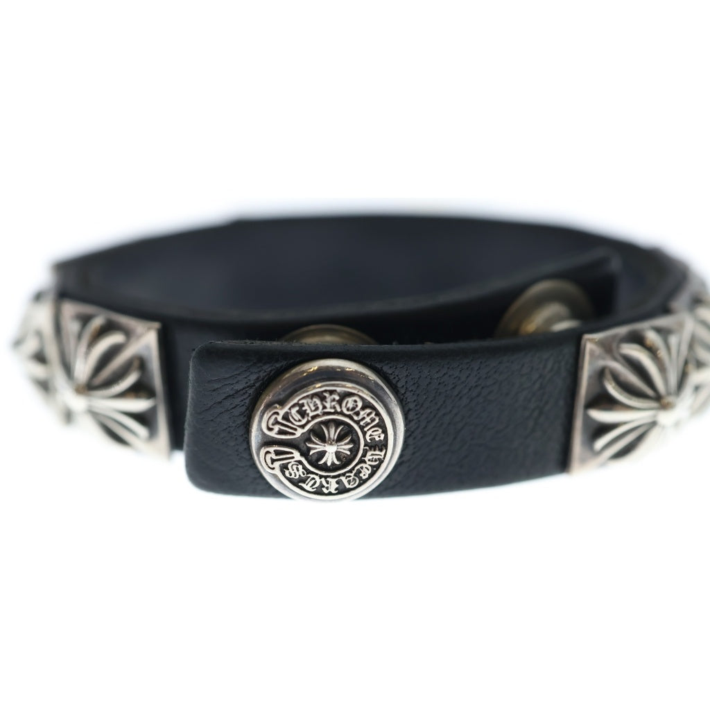CHROME HEARTS(クロムハーツ) ZERO STUD SNGL ROW ゼロ ピラミッド スタッズ シングル レザー ブレスレット シルバー/ブラック