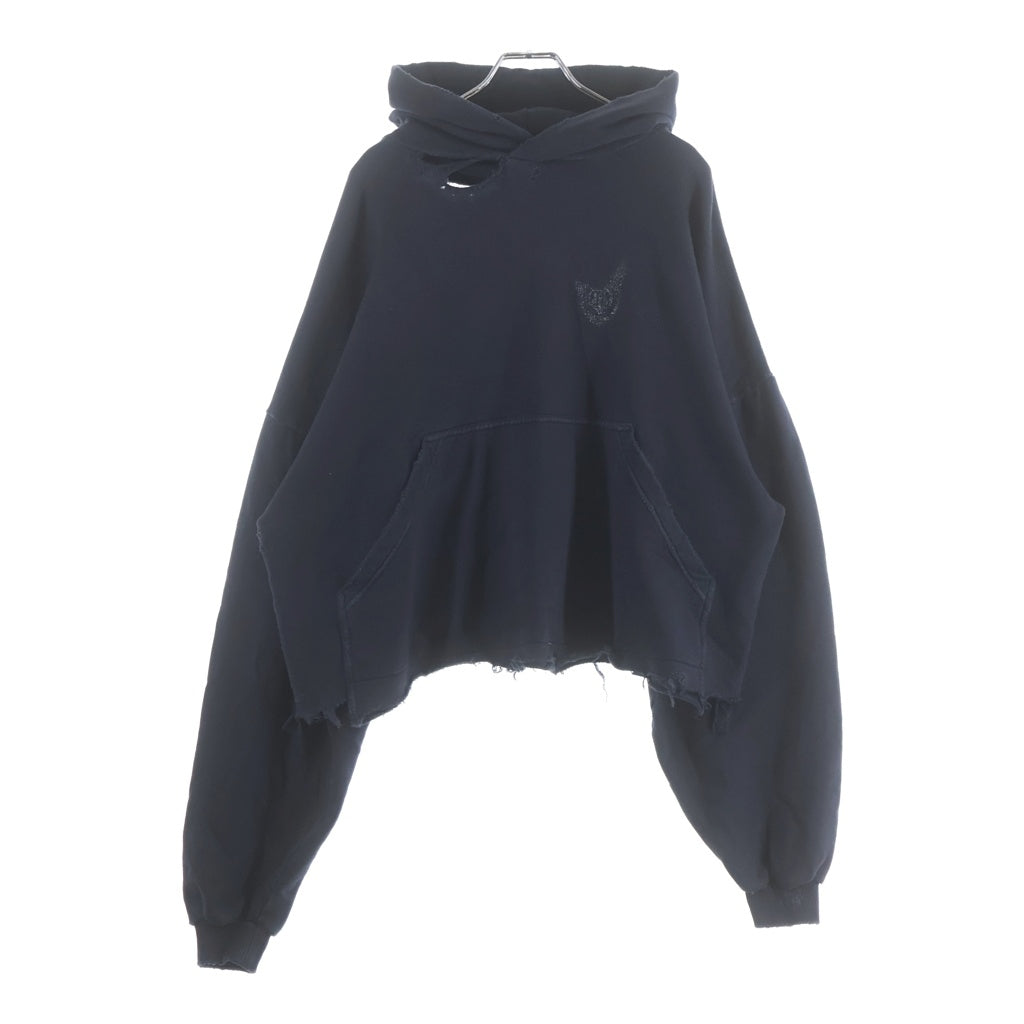 BALENCIAGA(バレンシアガ) 24AW Nail Polish Cropped Hoodie ネイルポリッシュ クロップド ダメージ加工 プルオーバーパーカー フーディ ネイビー 783397 TSV4