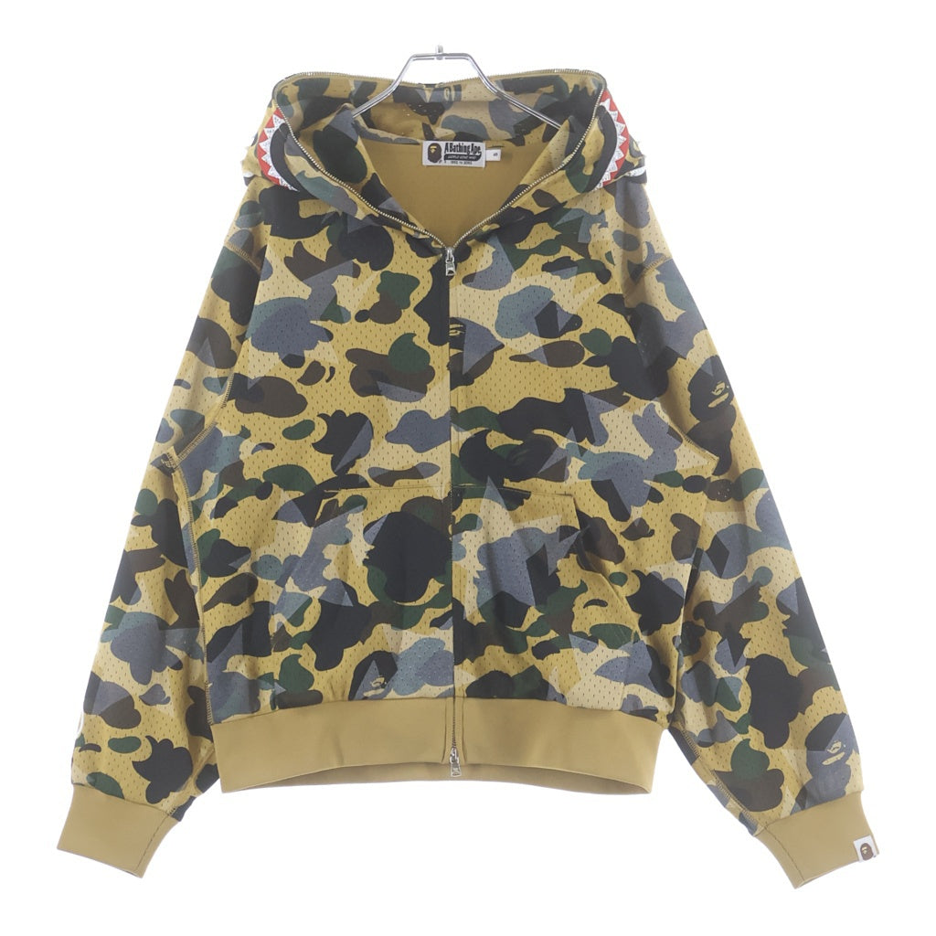 A BATHING APE(アベイシングエイプ) STA OVER PRINT 1ST CAMO MESH SHARK CROPPED FIT FULL ZIP HOODIE スタッズ メッシュフルジップフーディー イエロー 001ZPM301301OM