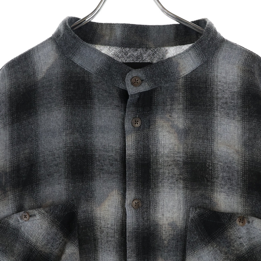 BLESS(ブレス) 25AW COLLAR LESS SHIRT / RED スタンドカラー ネルシャツ カットオフ ブリーチ加工 オンブレチェック グレー BR25AW-S2002