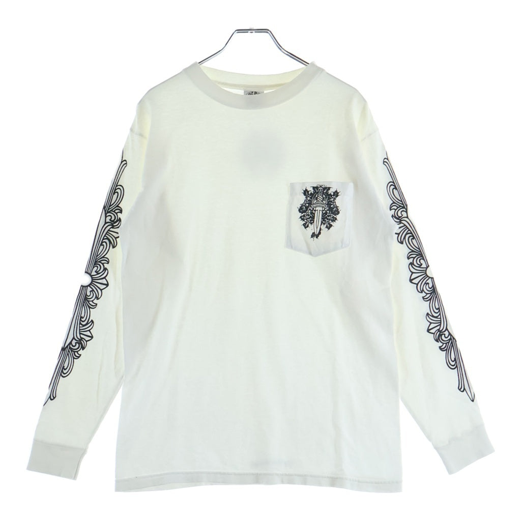 CHROME HEARTS(クロムハーツ) OLD オールド L/S ヴァインダガー胸ポケット 袖フローラル バックホースシュープリント クルーネック長袖カットソー ホワイト