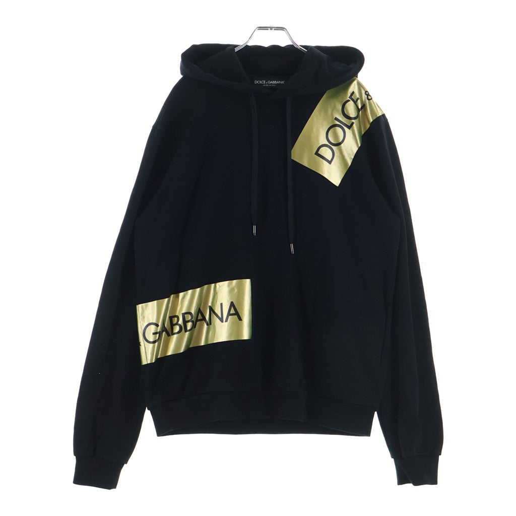 DOLCE & GABBANA(ドルチェアンドガッバーナ) ブランドロゴテーププリント プルオーバーフーディー ブラック/ゴールド G9JQ3T