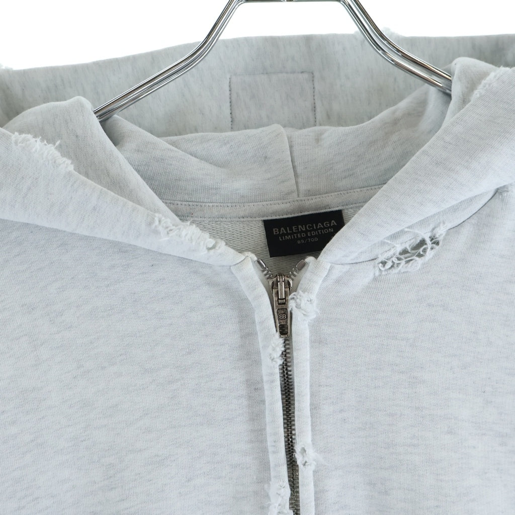 BALENCIAGA(バレンシアガ) 24SS Music Archive Series Connected Zip Up Hoodie ミュージック アーカイブロゴ ダメージ加工 ジップアップパーカー フーディー グレー 744457 TQVA6