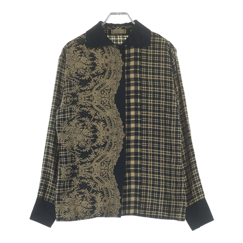 GIANNI VERSACE(ジャンニ ヴェルサーチ) 90S Paisley And Check Shilk Long Sleeve Shirt ペイズリー柄 チェック柄 切替 長袖シルクシャツ ブラック