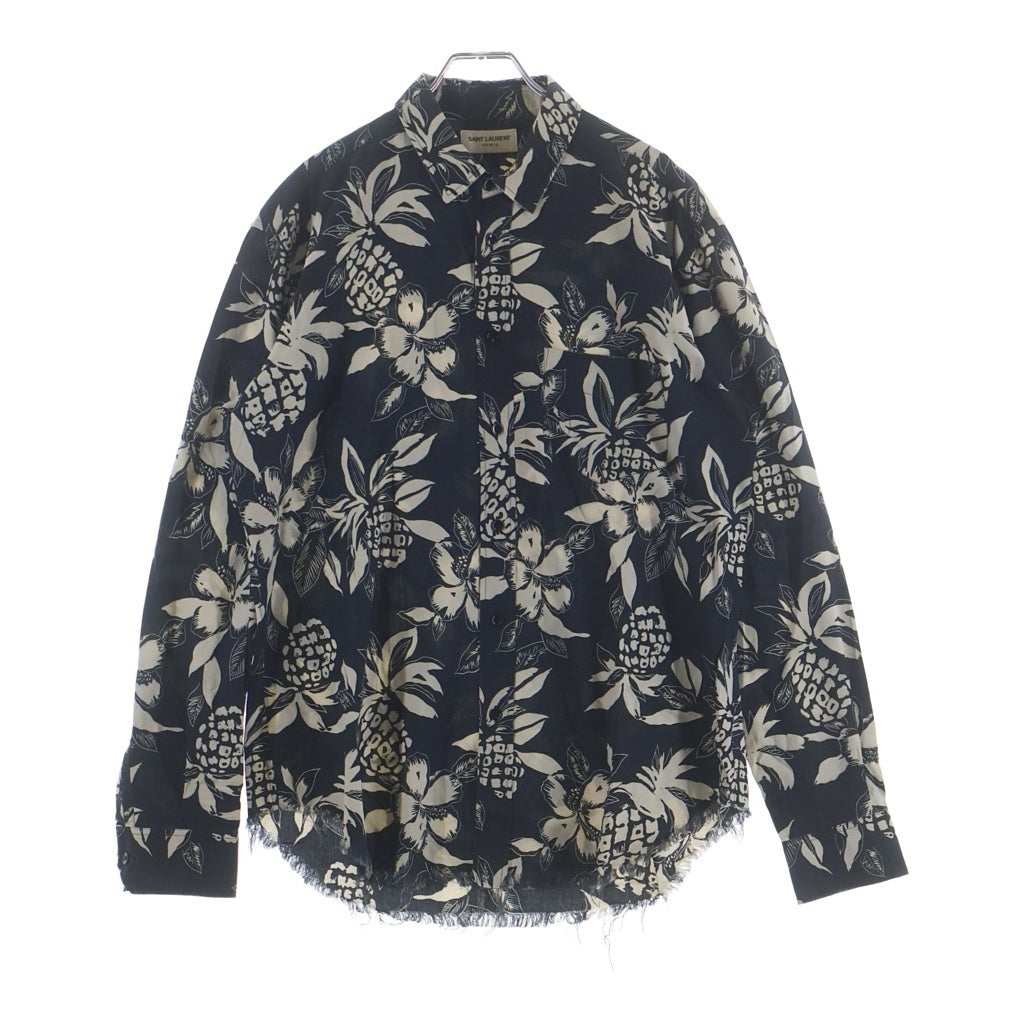 SAINT LAURENT PARIS(サンローランパリ) 16SS Hibiscus Rayon Shirt 411620 Y316P ダメージ加工 カットオフ ハイビスカス長袖レーヨンシャツ ブラック