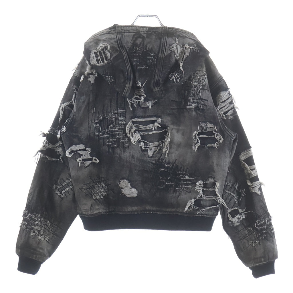 THUG CLUB(サグクラブ) 25AW Hard Washed Damaged Denim Hooded Zip-Up TC25JK3801 ハード ウォッシュド ダメージ加工 フーデッド デニムジャケット ジップアップパーカー ブラック