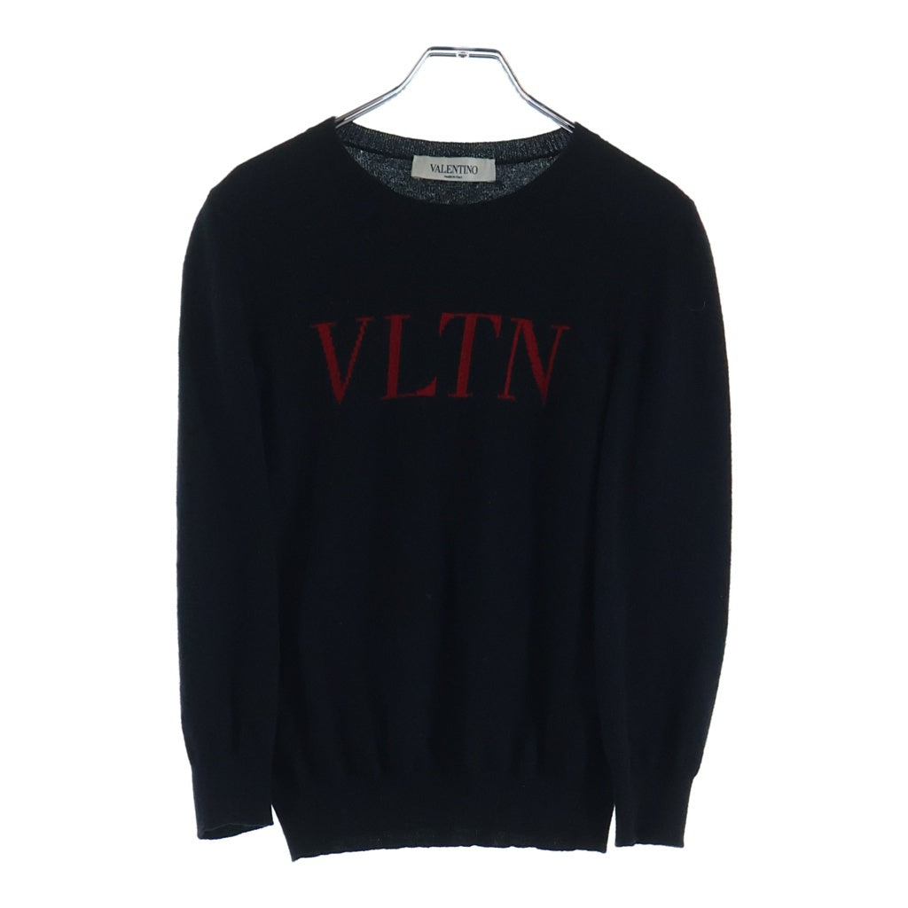 VALENTINO(ヴァレンティノ) Cashmere Wool Logo Knit Sweater フロントロゴ刺繍 クルーネック長袖ニットセーター ブラック/レッド SB3KC10546T