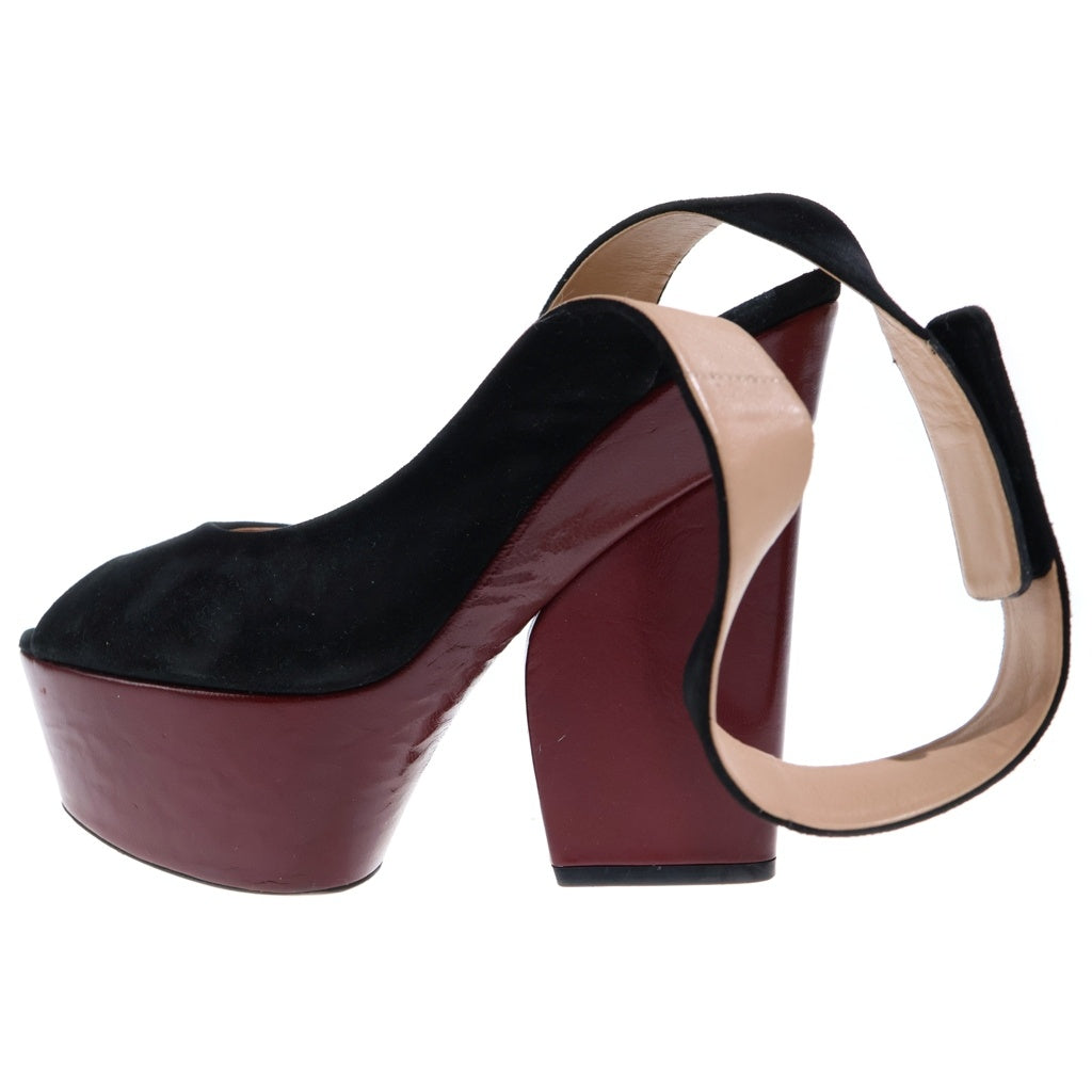 CELINE(セリーヌ) 2Tones Ankle Strap Peep Toes Sandals 2ストラップアンクルピープ ベルベット/レザー サンダル ハイヒール ブラック/レッド ‐ レディース