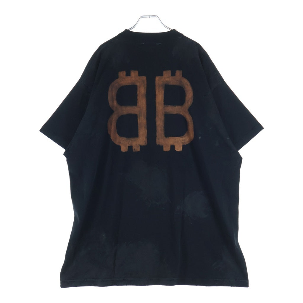 BALENCIAGA(バレンシアガ) 23SS BBロゴ デストロイ加工 クルーネック半袖Tシャツカットソー ブラック 739028 T0VN8