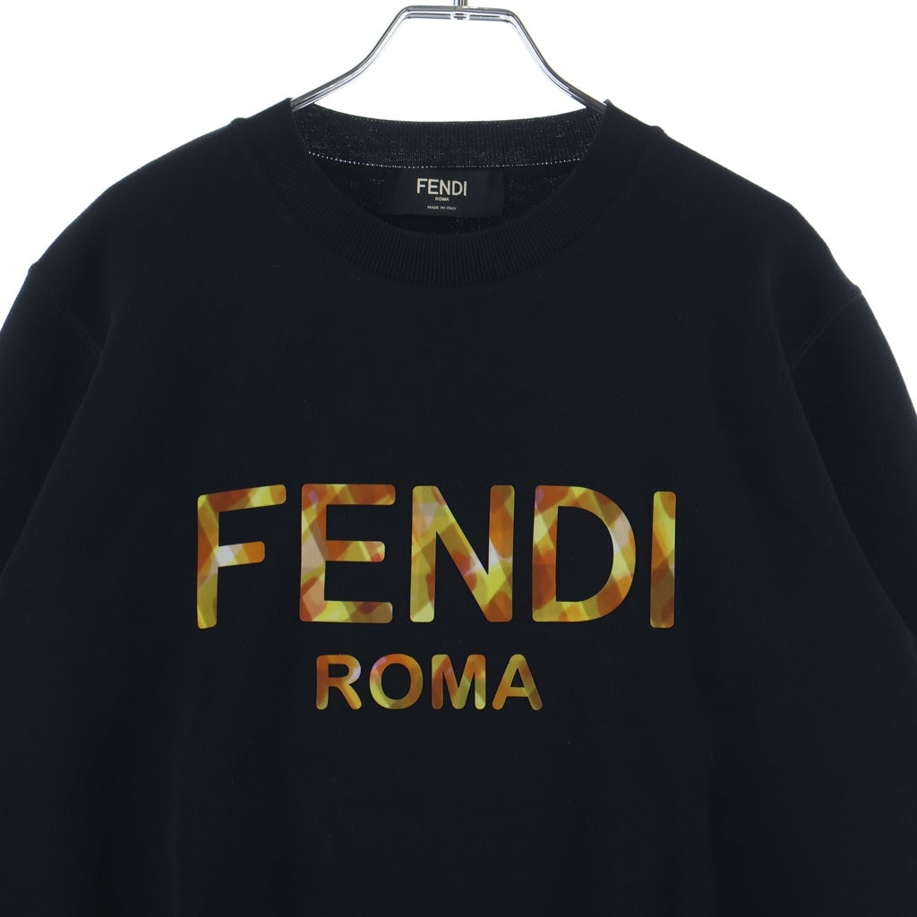 FENDI(フェンディ) フロントロゴプリント クルーネックスウェットトレーナー ブラック/オレンジ