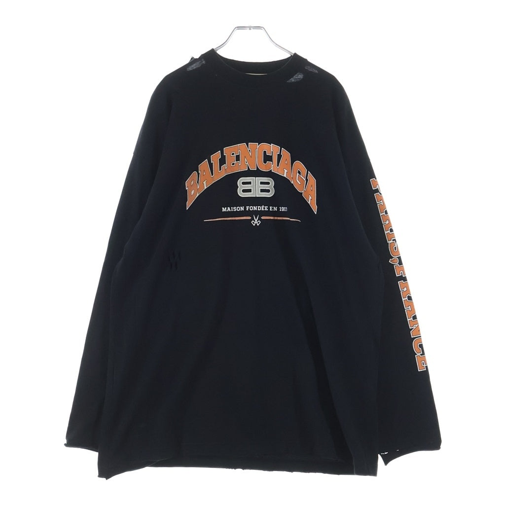 BALENCIAGA(バレンシアガ) 21SS MAISON BALENCIAGA メゾンバレンシアガ ダメージ加工 オーバーサイズ クルーネック長袖Tシャツカットソー ロンT ブラック 681046