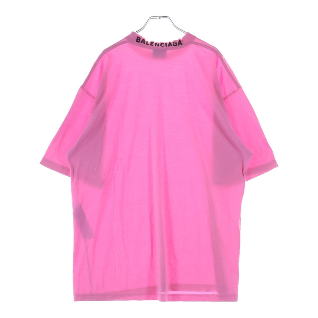 BALENCIAGA(バレンシアガ) 23SS Distressed T-shirt 739784 ダメージ加工 バックネックロゴ刺繍 クルーネック半袖Tシャツカットソー ピンク