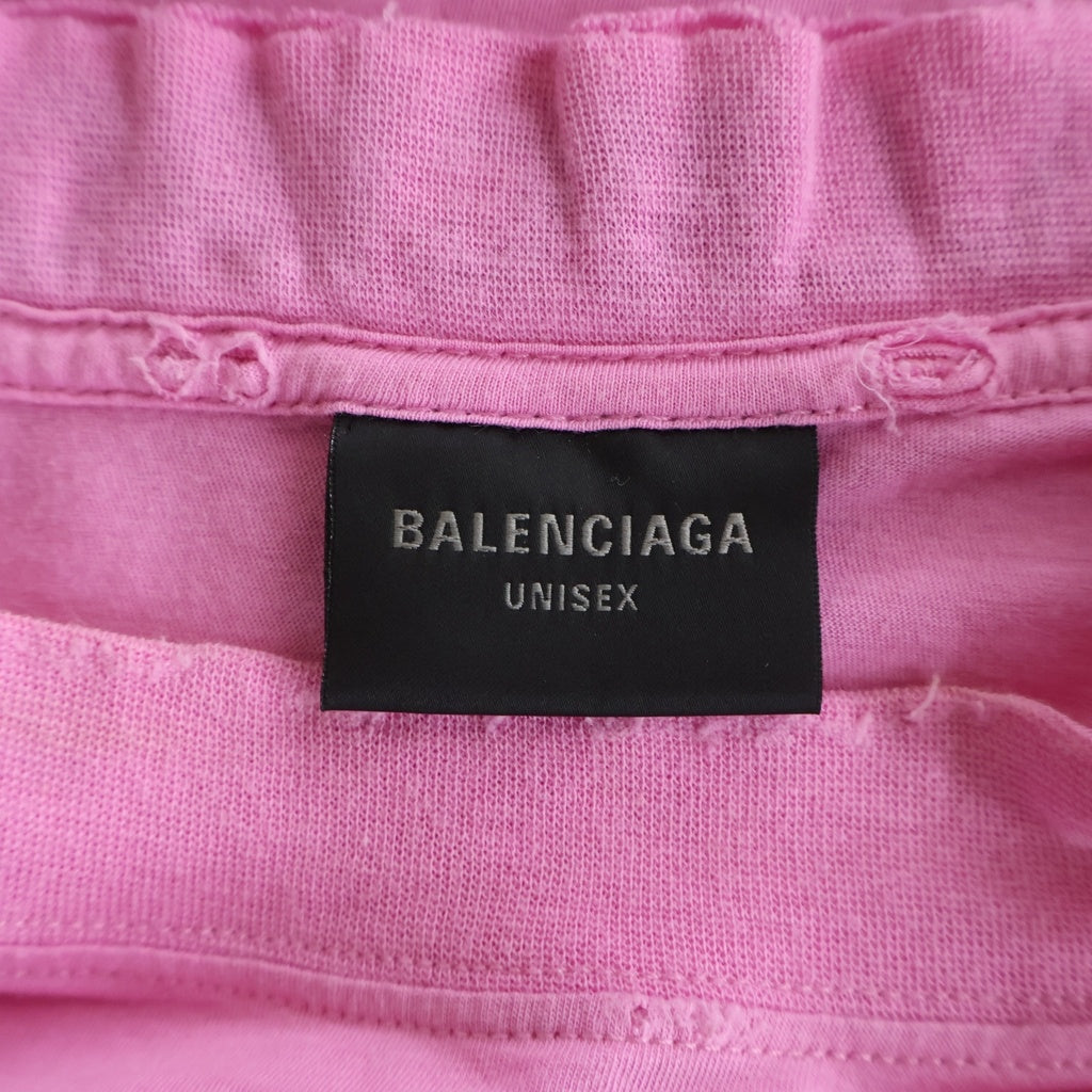 BALENCIAGA(バレンシアガ) 23SS Distressed T-shirt 739784 ダメージ加工 バックネックロゴ刺繍 クルーネック半袖Tシャツカットソー ピンク