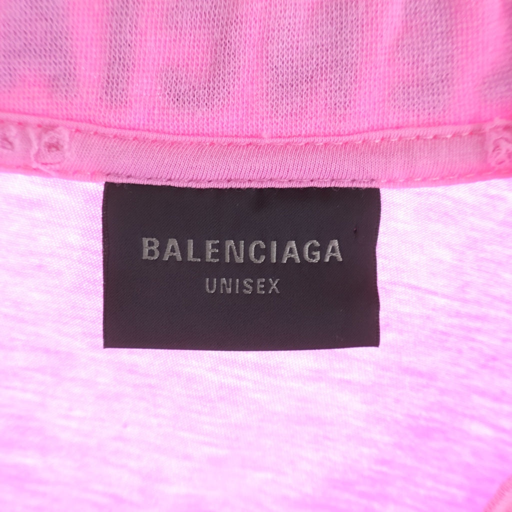 BALENCIAGA(バレンシアガ) 23SS Distressed T-shirt 739784 ダメージ加工 バックネックロゴ刺繍 クルーネック半袖Tシャツカットソー ピンク