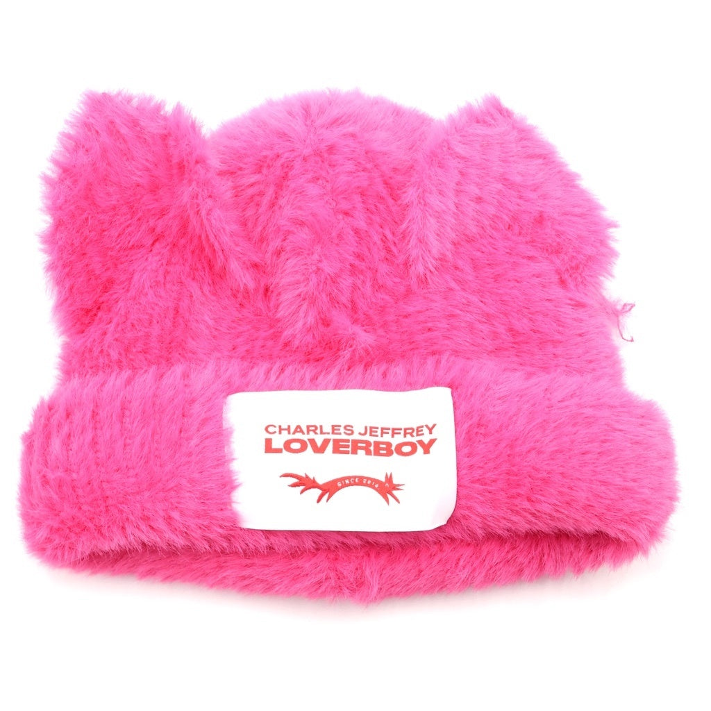 CHARLES JEFFREY LOVERBOY(チャールズジェフリーラバーボーイ) 24AW FLUFFY CHNKY EARS BEANIE ファーニットキャップ ビーニー 帽子 ピンク レディース
