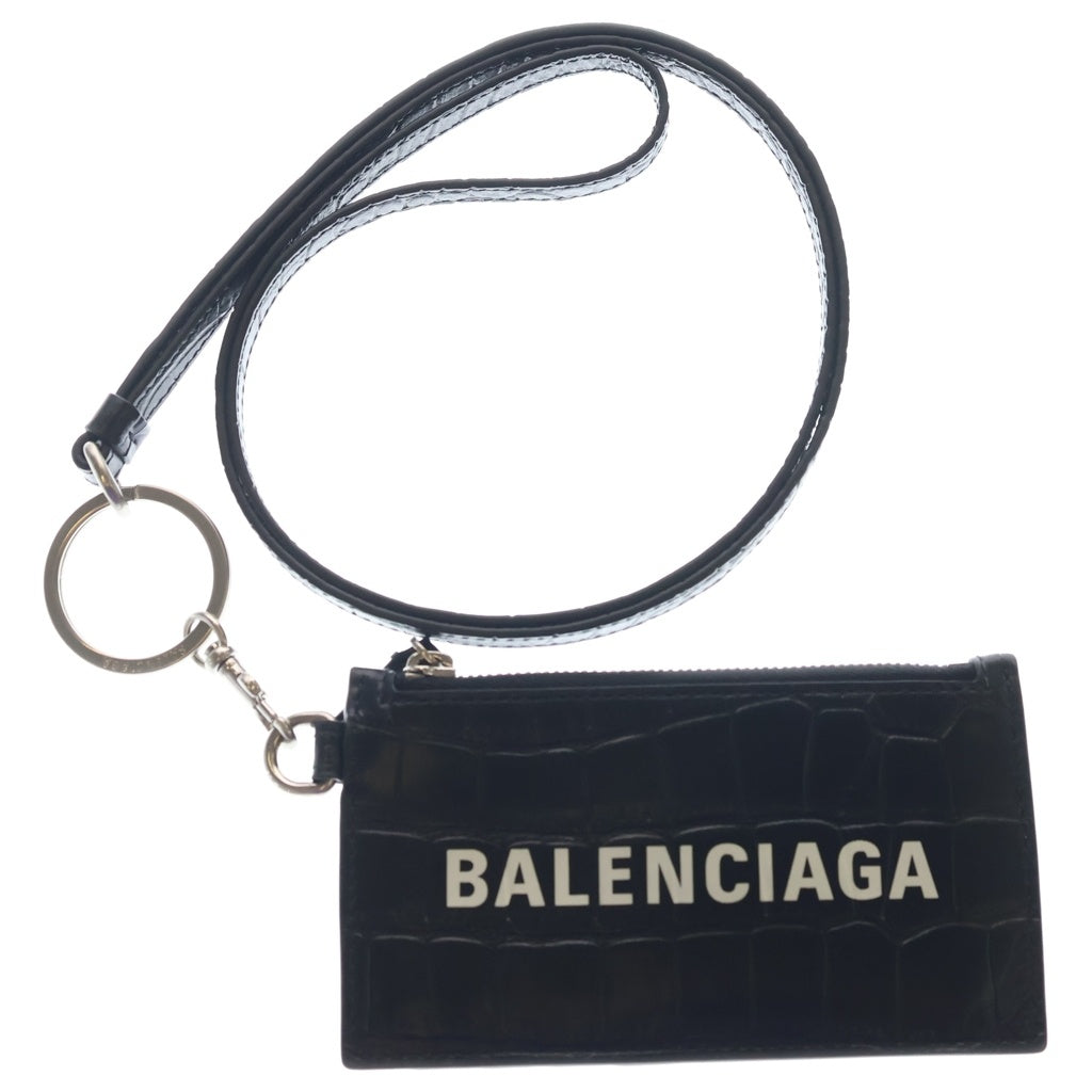 BALENCIAGA(バレンシアガ) Card Case キーリング付き クロコ型押し レザーカードケース ブラック 594848