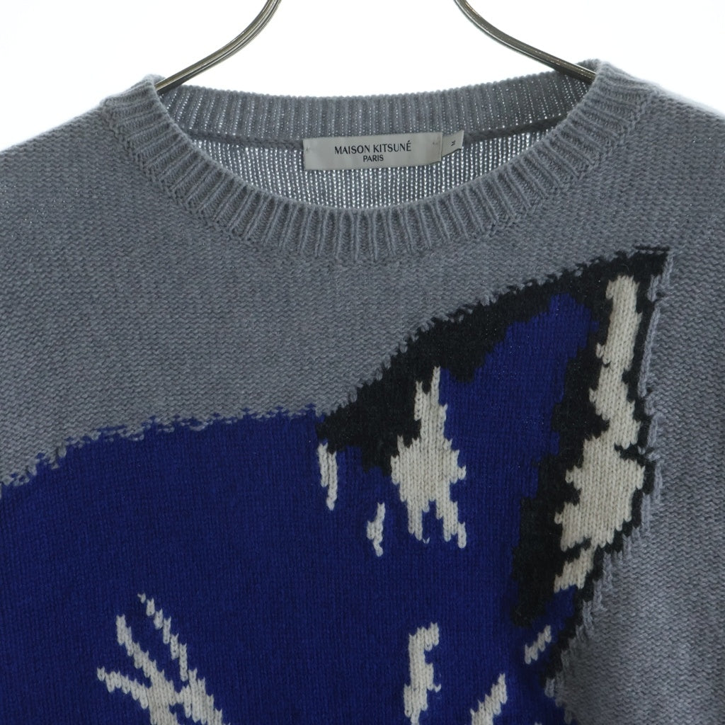 MAISON KITSUNE(メゾンキツネ) 21AW BIG FOX HEAD JACQUARD PULLOVER HU00510KT1016 ビッグフォックス ヘッド ジャガード クルーネック長袖プルオーバーウールニットセーター グレー