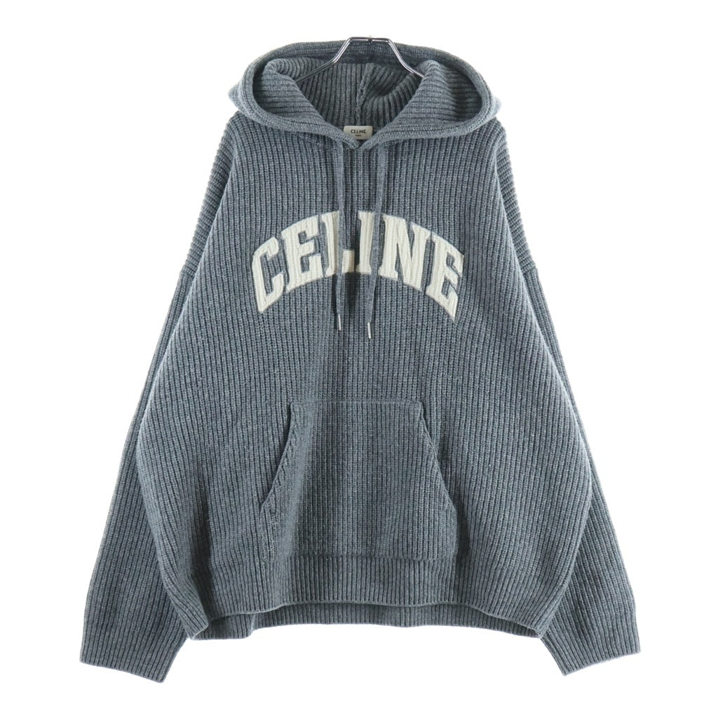 CELINE(セリーヌ) 25SS Hooded Sweater In Ribbed Wool RY09M0R26 フロントカレッジロゴ刺繍 フーデッド長袖ウールニットセーター グレー