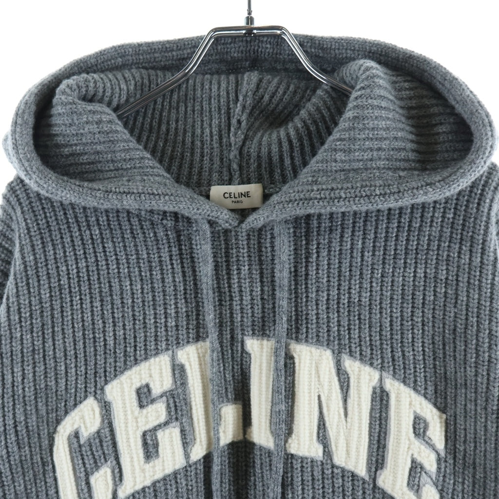 CELINE(セリーヌ) 25SS Hooded Sweater In Ribbed Wool RY09M0R26 フロントカレッジロゴ刺繍 フーデッド長袖ウールニットセーター グレー