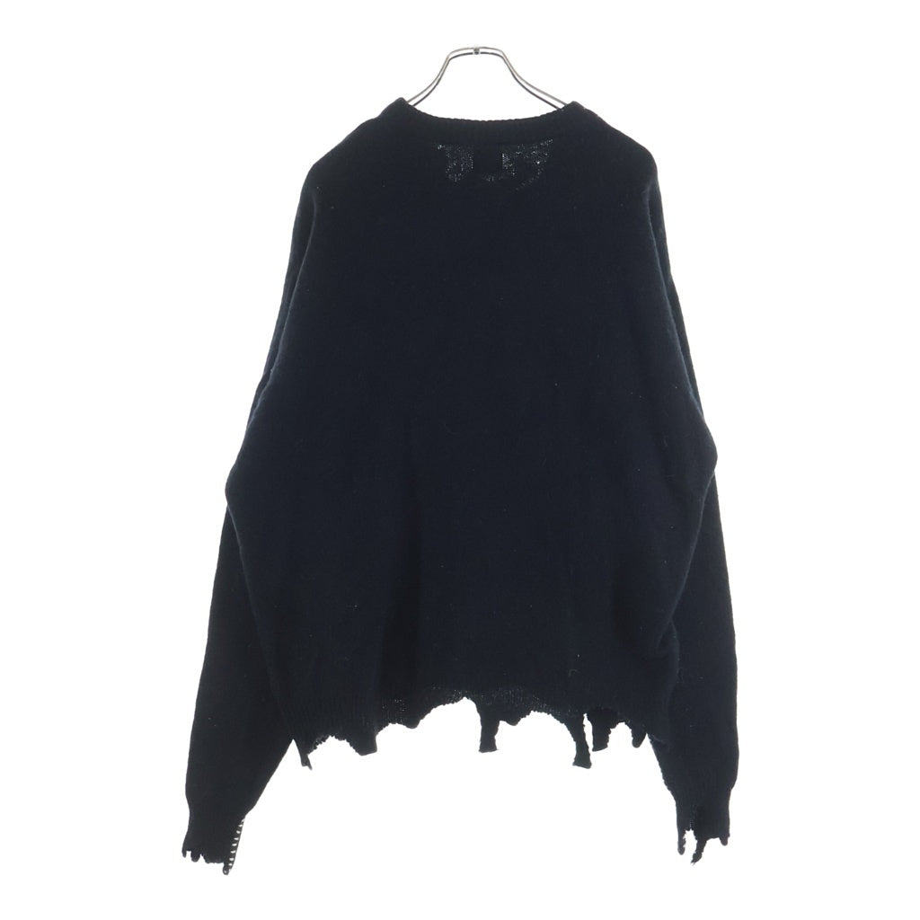 SAINT MICHAEL(セントマイケル) 22AW CLF MEN KNIT シーエルエフ メン フロントデザイン ダメージ加工 クルーネック長袖ニットセーター ブラック SM-A22-0000-033