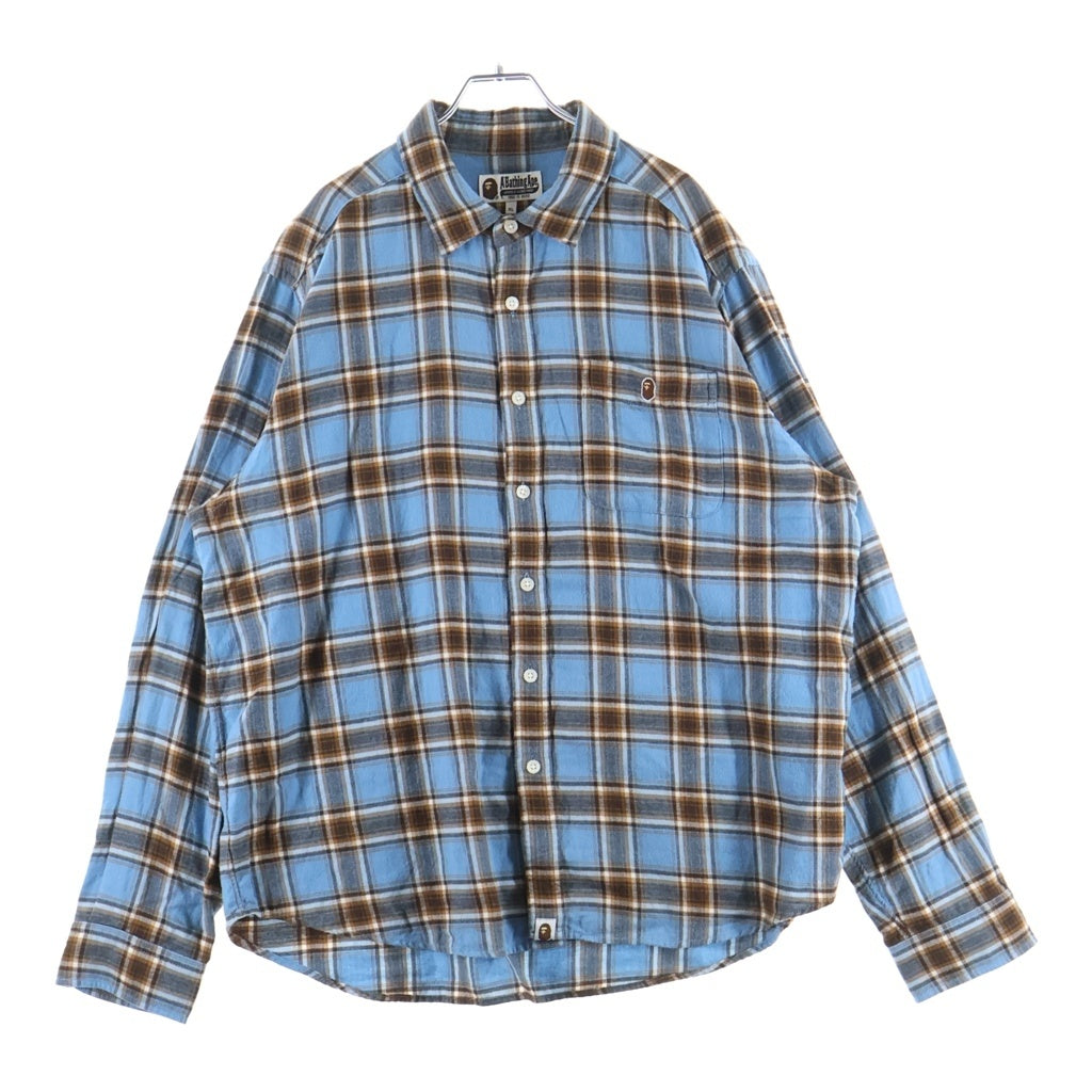 A BATHING APE(アベイシングエイプ) ONE POINT FLANNEL CHECK RELAXED FIT SHIRT ワンポイント フランネルチェック リラックスドフィット コットン長袖チェックシャツ ブルー/ブラウン 001SHK701003M