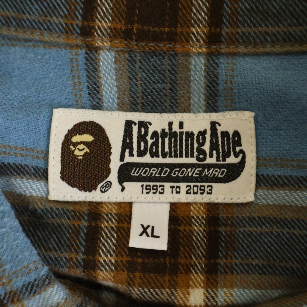 A BATHING APE(アベイシングエイプ) ONE POINT FLANNEL CHECK RELAXED FIT SHIRT ワンポイント フランネルチェック リラックスドフィット コットン長袖チェックシャツ ブルー/ブラウン 001SHK701003M