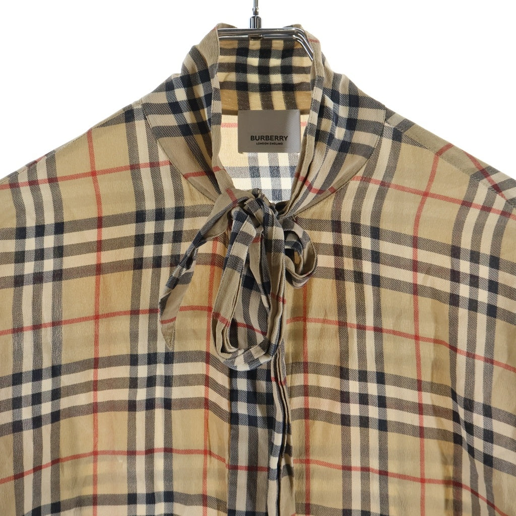 BURBERRY(バーバリー) ノバチェック リボンカラー 長袖シルクシャツ ブラウン 8019141