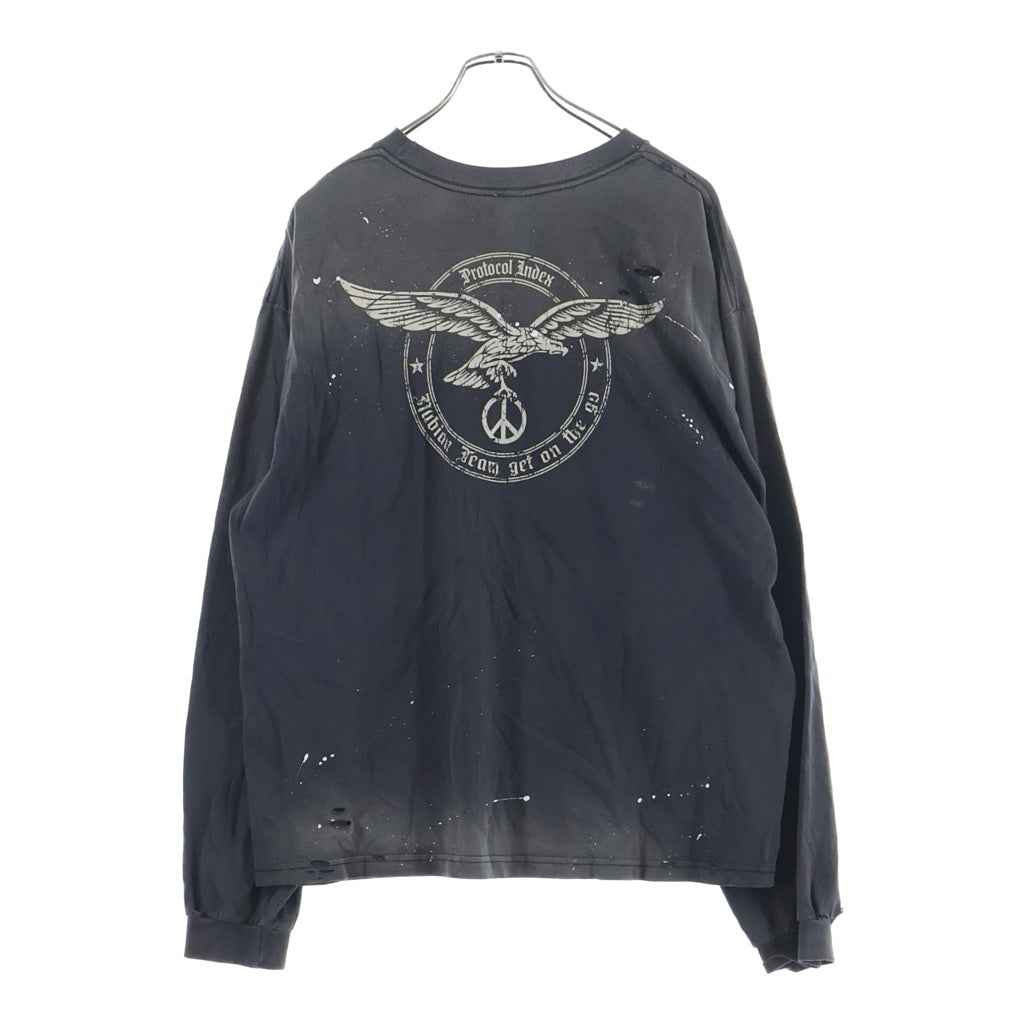 Protocol Index(プロトコル インデックス) VINTAGE OVERDYED LONGSLEEVE ヴィンテージ加工 オーバーサイズ 両面プリントクルーネック長袖Tシャツカットソー ロンT グレー