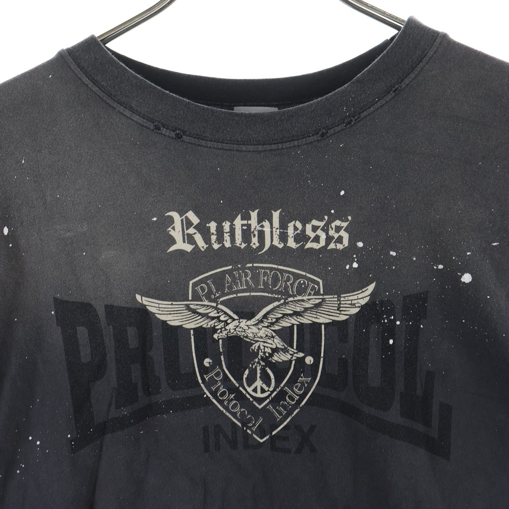 Protocol Index(プロトコル インデックス) VINTAGE OVERDYED LONGSLEEVE ヴィンテージ加工 オーバーサイズ 両面プリントクルーネック長袖Tシャツカットソー ロンT グレー