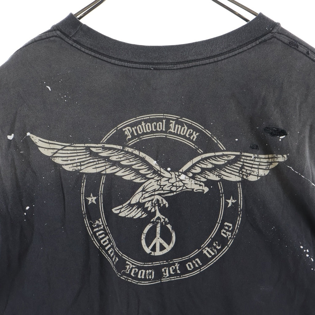 Protocol Index(プロトコル インデックス) VINTAGE OVERDYED LONGSLEEVE ヴィンテージ加工 オーバーサイズ 両面プリントクルーネック長袖Tシャツカットソー ロンT グレー
