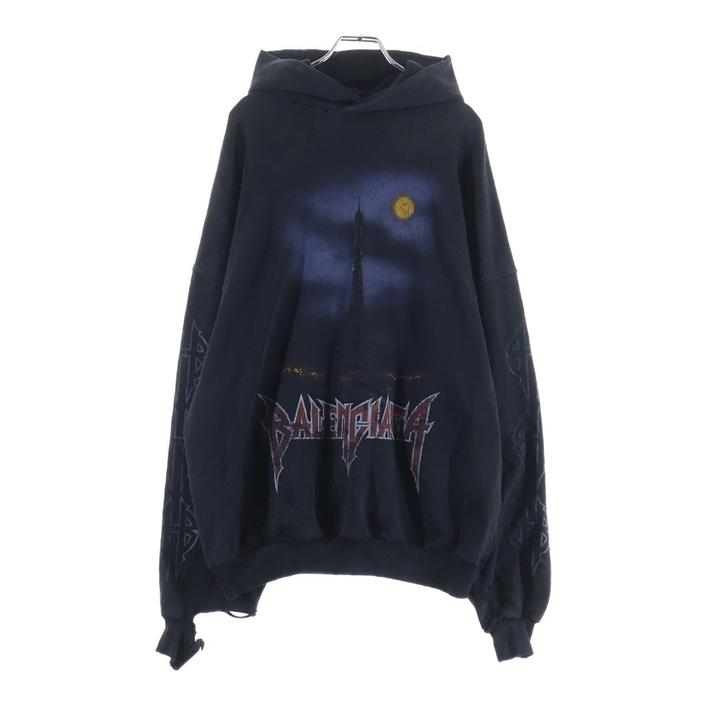 BALENCIAGA(バレンシアガ) 23AW PARIS MOON パリムーン ユーズド加工オーバーサイズプルオーバーパーカー ブラック 744462