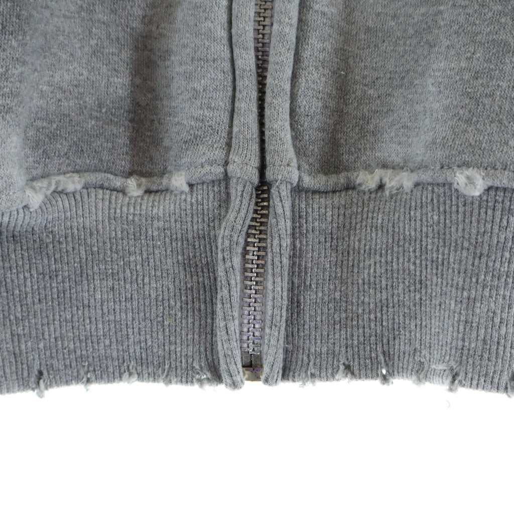 YORI SPORT(ヨリ スポーツ) フロントロゴ刺繍 ダメージ加工 クロップドジップアップフーディー グレー