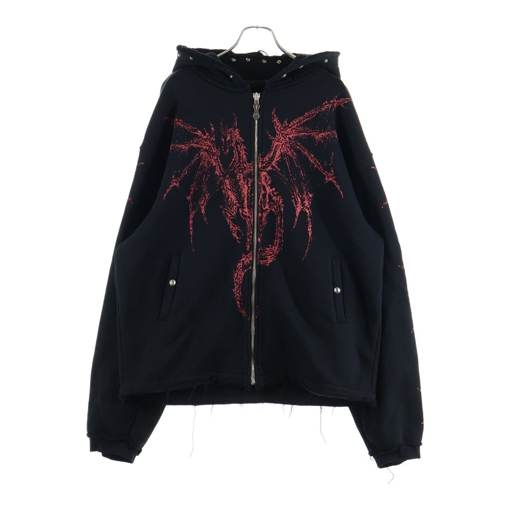 THUG CLUB(サグクラブ) 24SS Dragon Stud Zip-Up Hoodie ドラゴンプリント ジップアップ長袖スウェットパーカー フーディ ブラック TC24SS1102