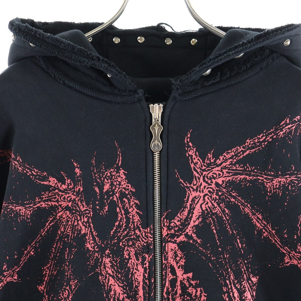 THUG CLUB(サグクラブ) 24SS Dragon Stud Zip-Up Hoodie ドラゴンプリント ジップアップ長袖スウェットパーカー フーディ ブラック TC24SS1102