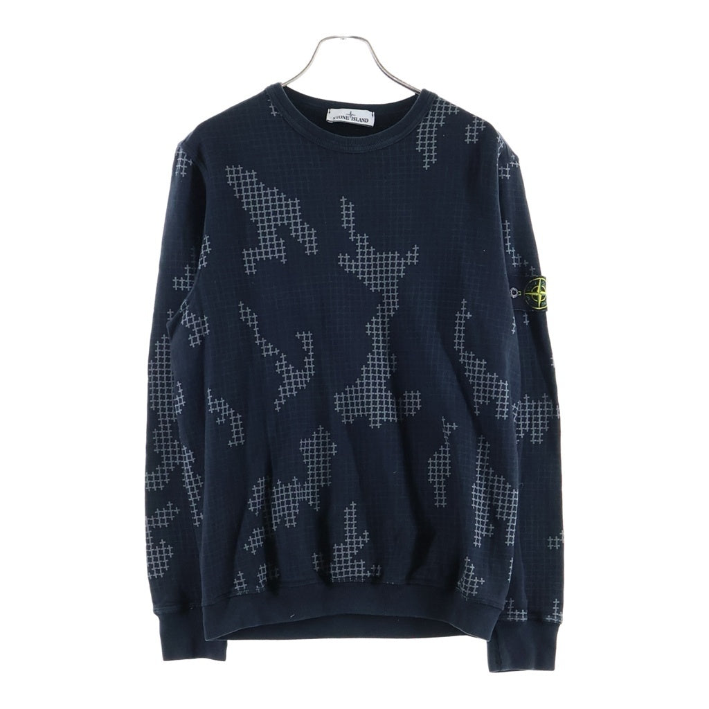STONE ISLAND(ストーンアイランド) Check Grid Sweatshirt チェック柄 ロゴ刺繍ワッペン クルーネック長袖スウェットトレーナー ブラック 6715635E2