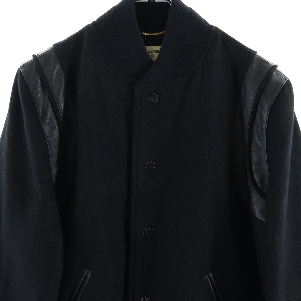 SAINT LAURENT PARIS(サンローランパリ) 22AW TEDDY JACKET テディジャケット レザートリムウールスタジアムジャンパー ブルゾン ブラック 376283 Y197Q レディース
