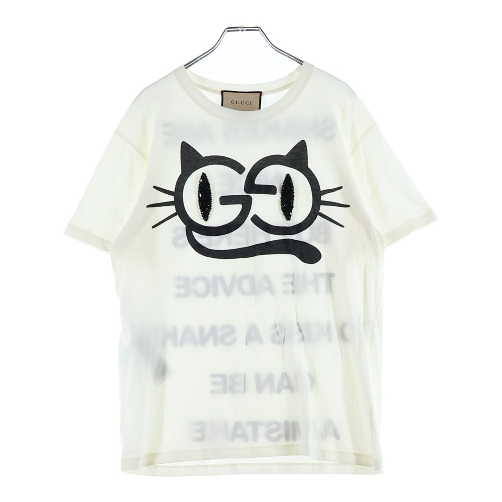 GUCCI(グッチ) キャットアイ ラインストーン プリント 刺繍 クルーネック半袖Tシャツカットソー ホワイト 615044 XJDGG レディース