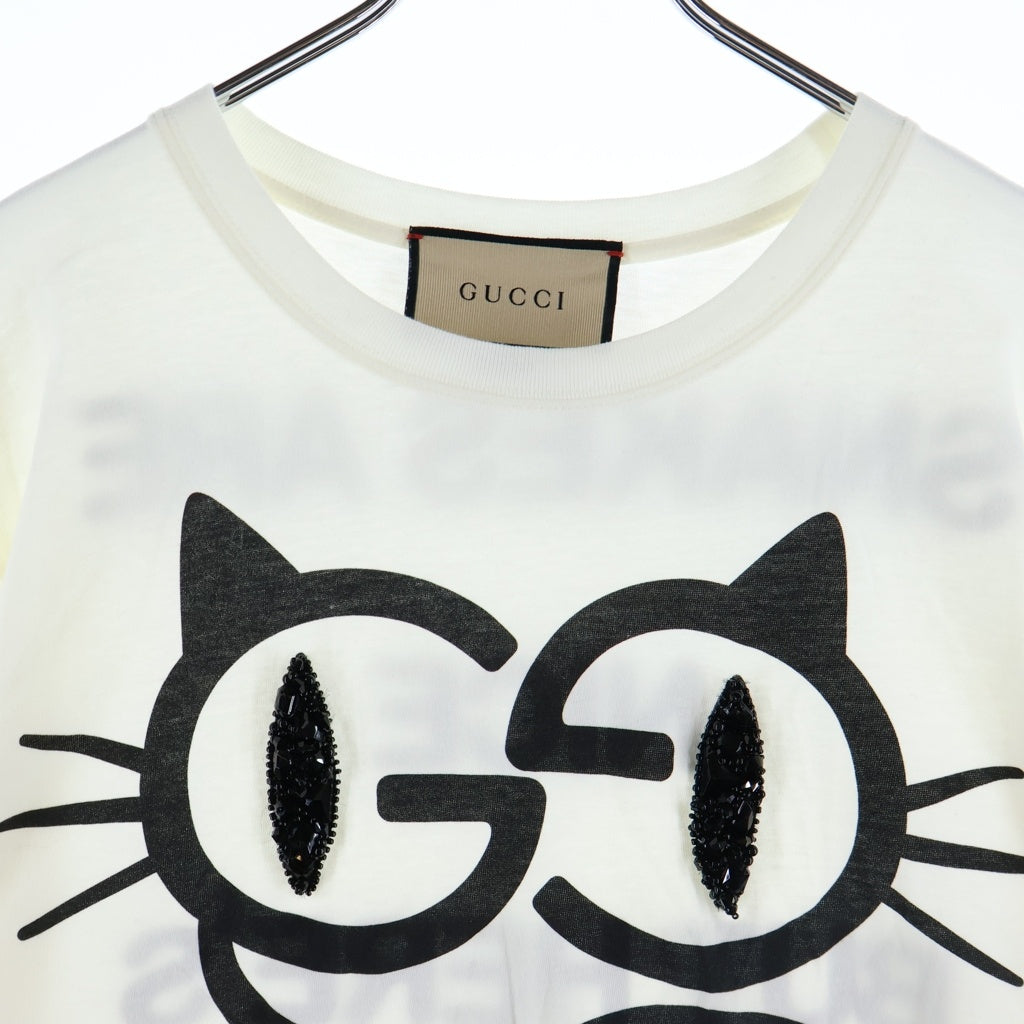 GUCCI(グッチ) キャットアイ ラインストーン プリント 刺繍 クルーネック半袖Tシャツカットソー ホワイト 615044 XJDGG レディース