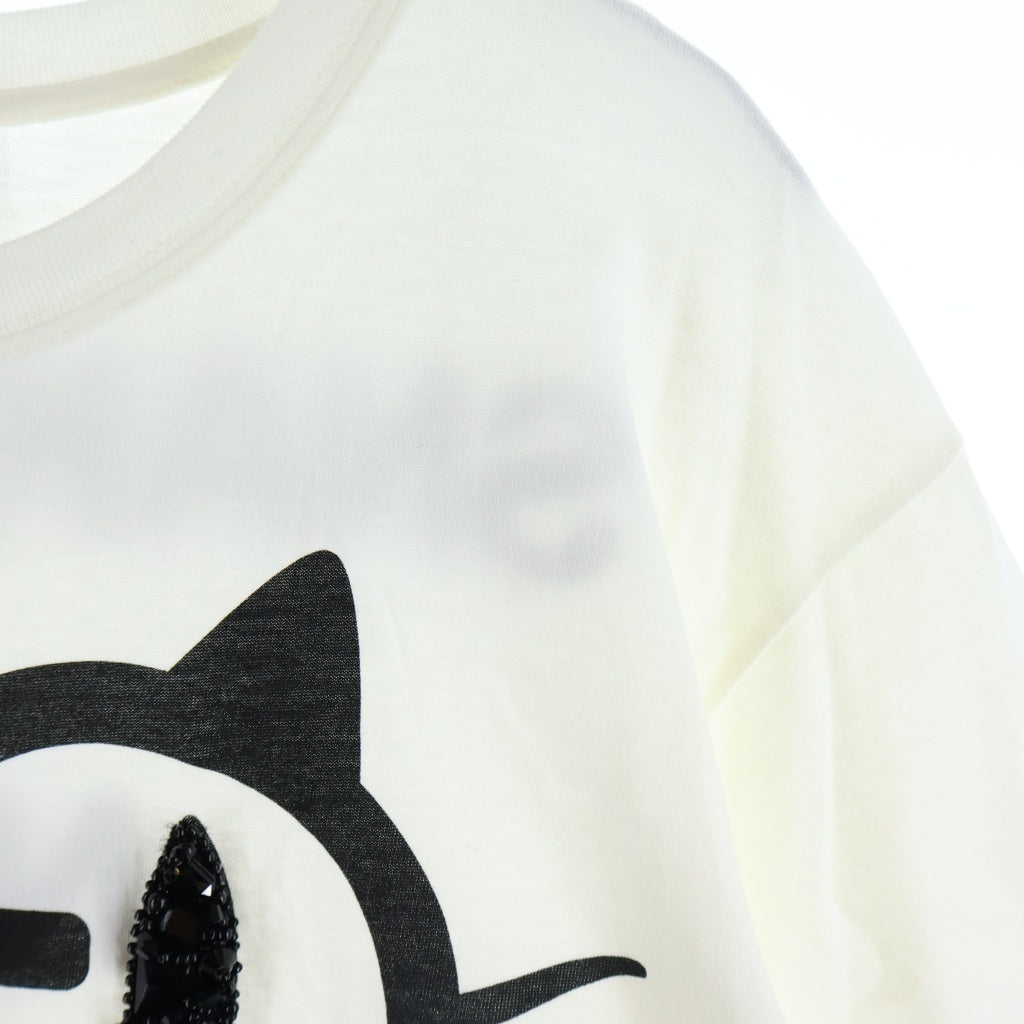 GUCCI(グッチ) キャットアイ ラインストーン プリント 刺繍 クルーネック半袖Tシャツカットソー ホワイト 615044 XJDGG レディース