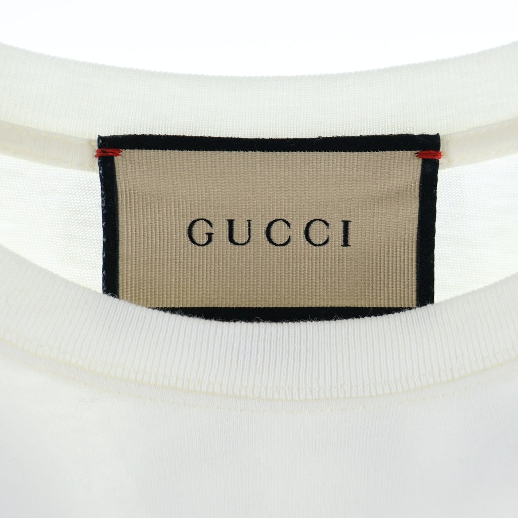 GUCCI(グッチ) キャットアイ ラインストーン プリント 刺繍 クルーネック半袖Tシャツカットソー ホワイト 615044 XJDGG レディース