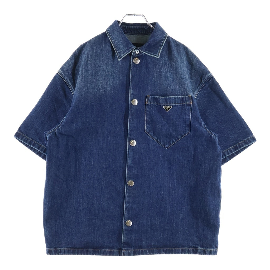 PRADA(プラダ) 23SS トライアングルロゴプレート ダメージ加工 半袖デニムシャツ インディゴ GEC067 S212 10GG
