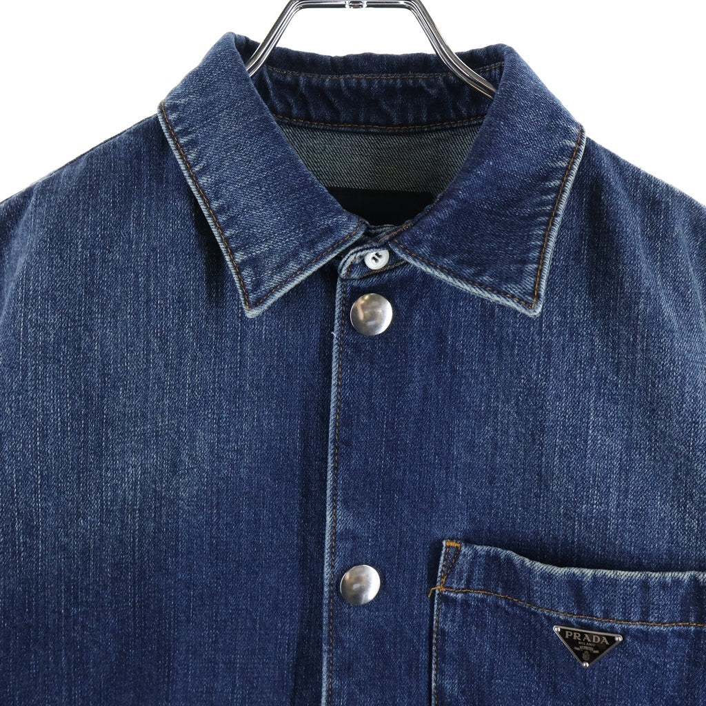 PRADA(プラダ) 23SS トライアングルロゴプレート ダメージ加工 半袖デニムシャツ インディゴ GEC067 S212 10GG
