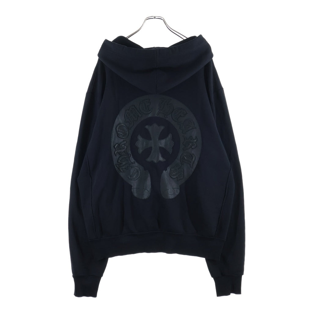 CHROME HEARTS(クロムハーツ) バックレザーホースシューパッチ付き ジップアップ長袖スウェットパーカー フーディ ブラック