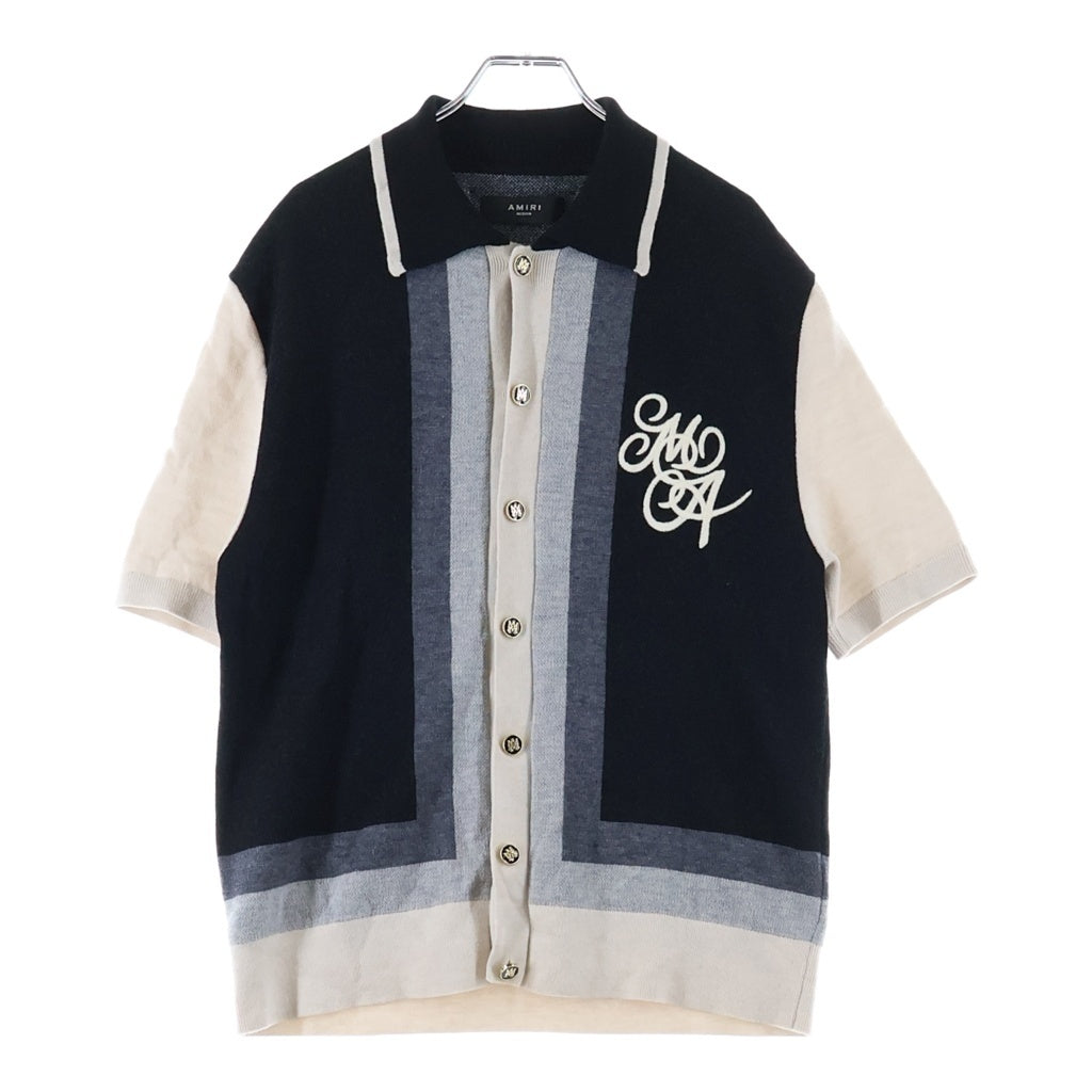 AMIRI(アミリ) MA Swirl Retro Polo Shirt フロントロゴ刺繍 半袖ニットポロシャツ ブラック/グレー AMKNIR1004