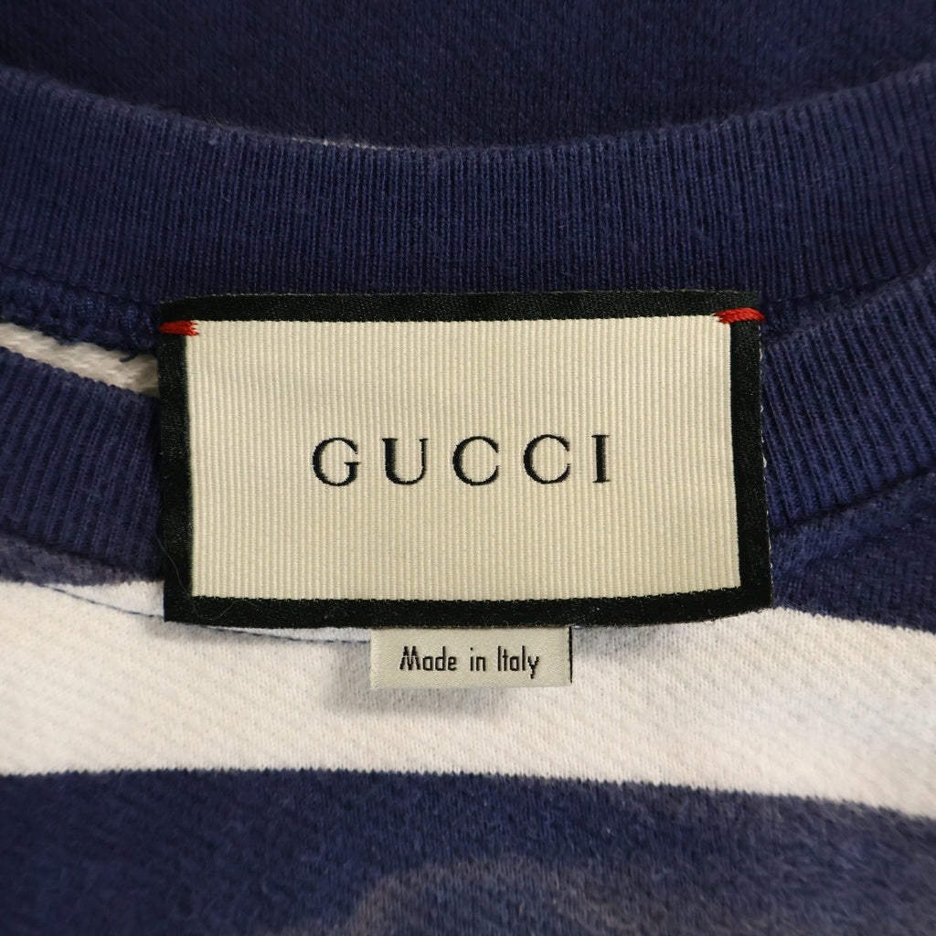 GUCCI(グッチ) Striped Oversized Cotton Sweatshirt 572813 金ボタン付き オーバーサイズ フロントロゴ刺繍 クルーネック長袖ボーダースウェットトレーナー ネイビー